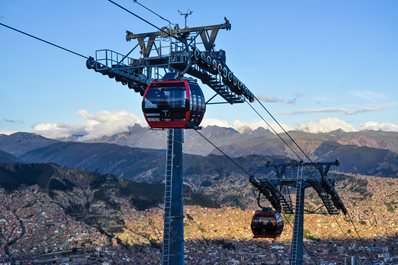 Gondolas traverse cables with mountains in background in La Paza, Bolivia