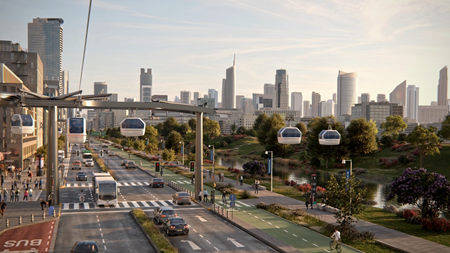 Rendering of Whoosh gondola cable car amid city scene