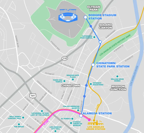Map of proposed gondola route from Union Station to Dodger Stadium in Los Angeles