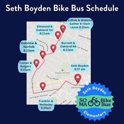 Map of Bike Bus schedule and locations for Seth Boyden School